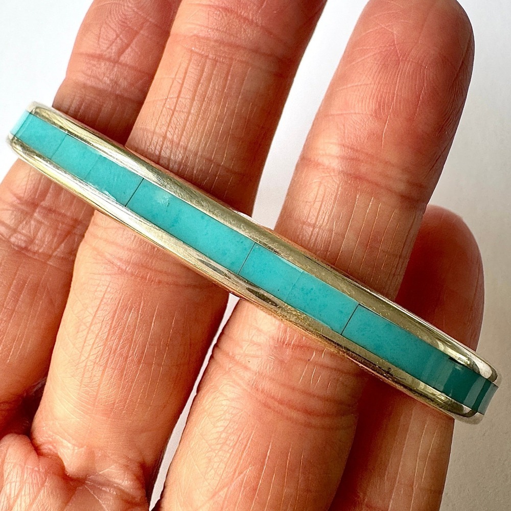Mens Native Amer Turquoise Cuff Bracelet 7.25 in Signed Loretto 28g Zuni Inlay